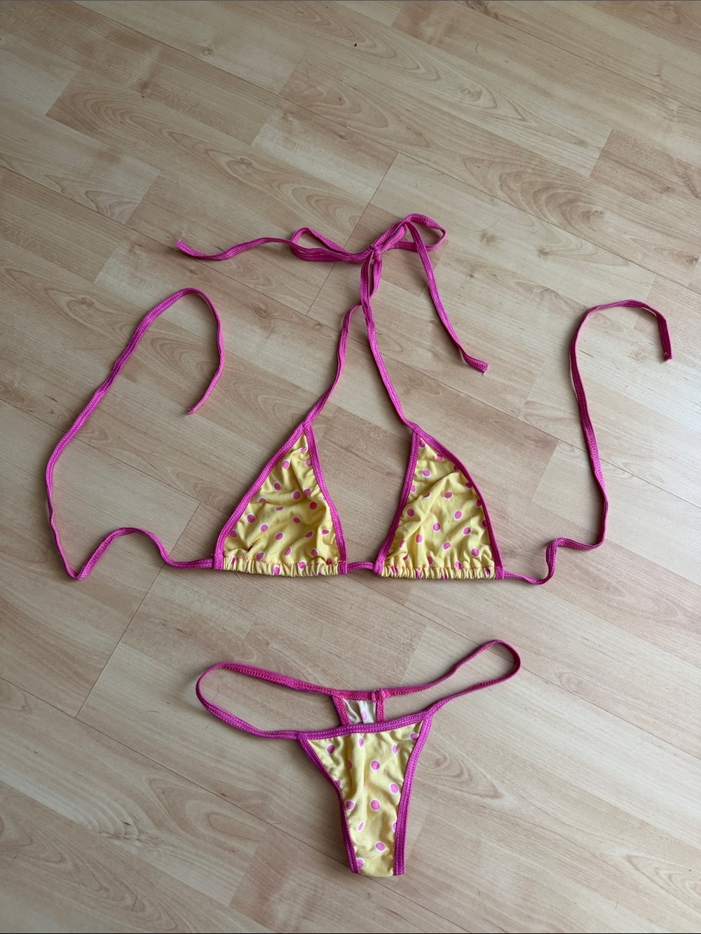 Yellow Polka Dot Triangle Bikini with Hot Pink Trim